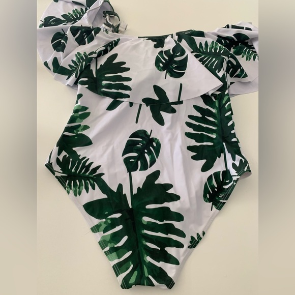 White Strapless Ruffled Bathing Suit Tempt Me Green Floral Women’s size Large - Picture 6 of 13